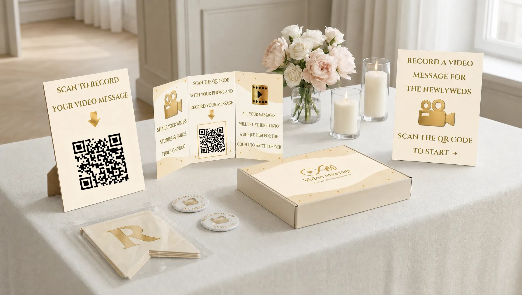 Complete Video Message wedding guest book kit laid out on an elegant table showing all items