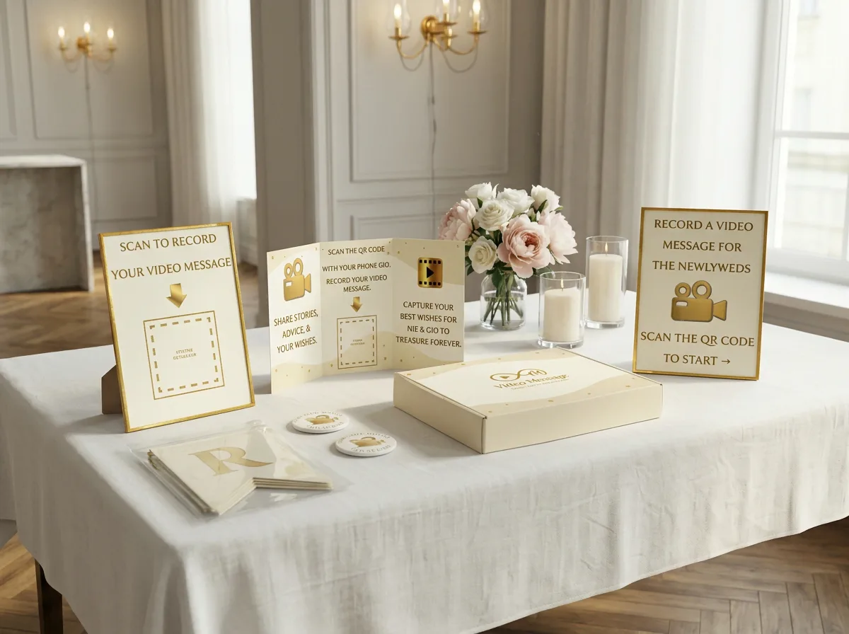 Complete Video Message wedding guest book kit laid out on an elegant table showing all items