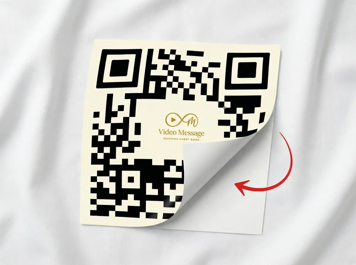 Two self-adhesive QR code stickers that guests scan with their phone to record a video message