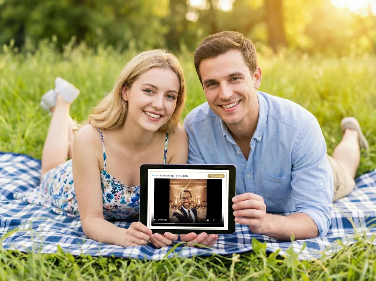 Happy couple watching their professionally edited wedding video message film together on a tablet