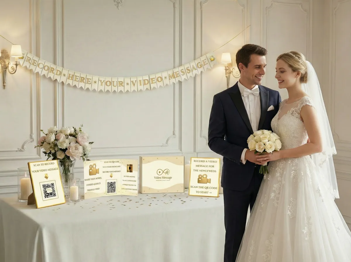Video Message stand set up on an elegant wedding reception table with QR code for guests to scan and record messages