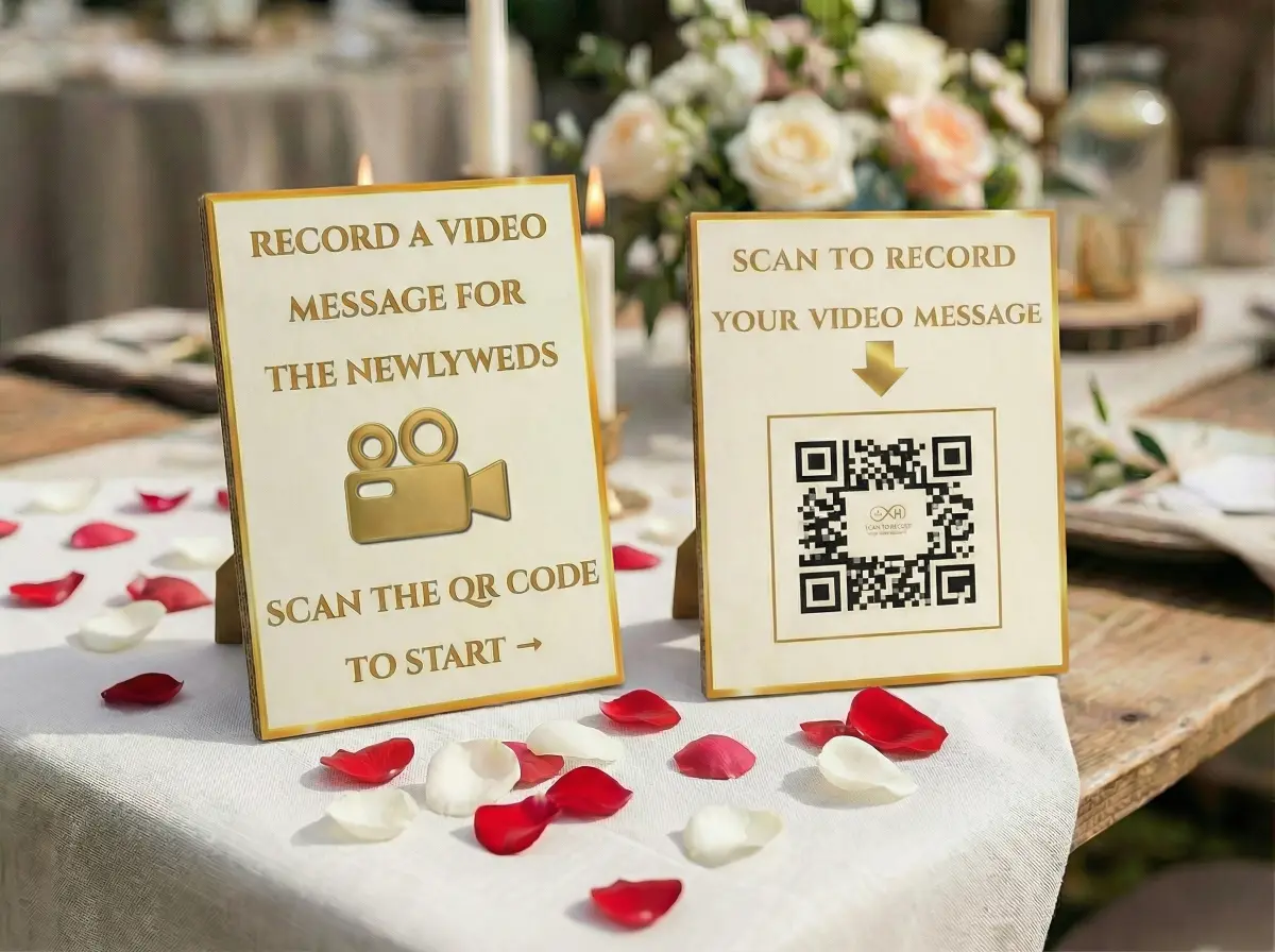 Two thick cardboard table signs directing wedding guests to the video message recording station