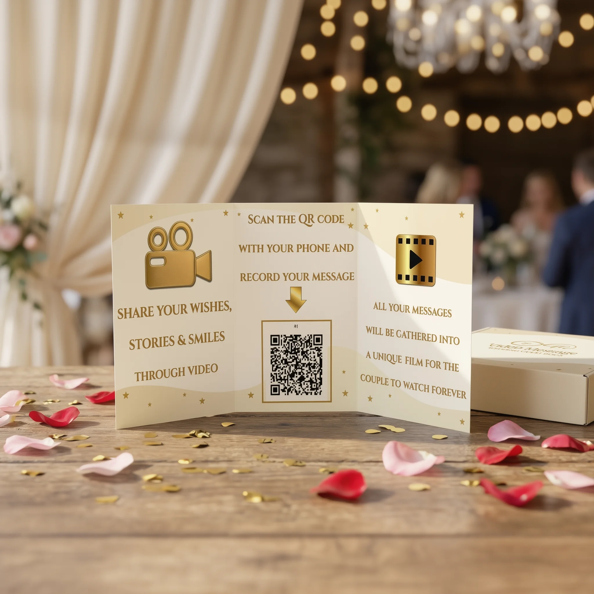 Tri-fold flyer with step-by-step instructions for recording a wedding video message and QR code placement