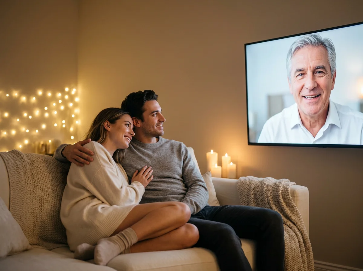 A couple watching their wedding film at home, warm evening light, a guest message playing on the TV