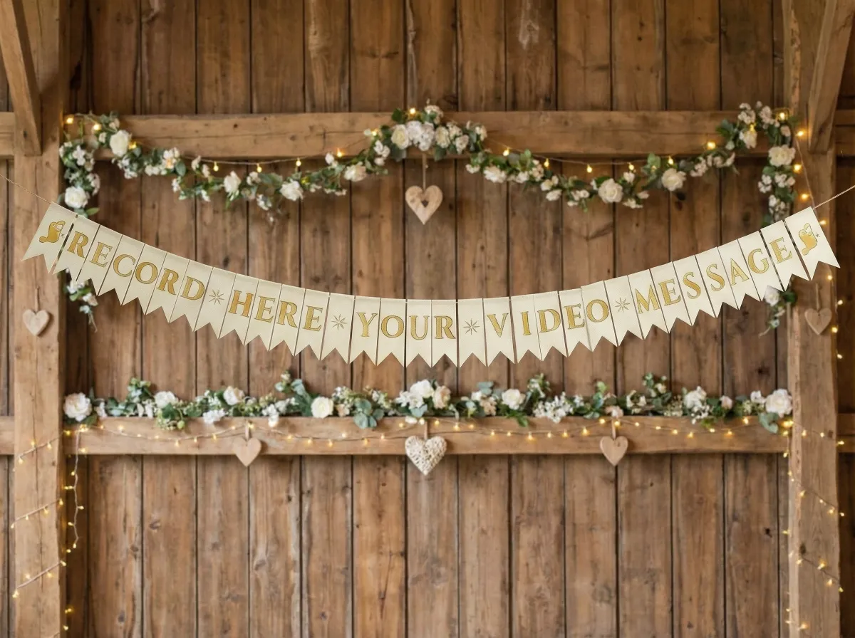 Elegant hanging banner reading Record Here Your Video Message included in the wedding guest book kit